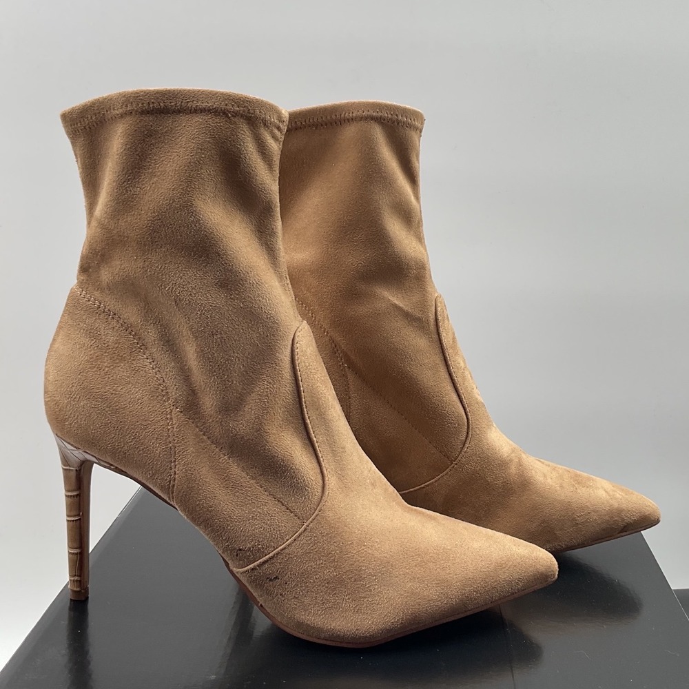 Nine West Tan Faux Suede Pointed Toe Sock Ankle Boots Stiletto Croc Heel Womens